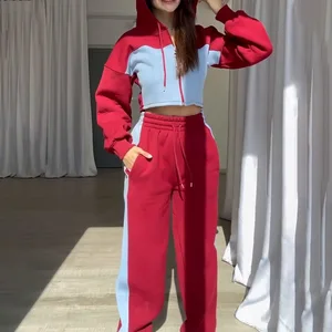 Casual Patchwork Denim Tracksuits Slim Hoodies Crop Top Wide Leg Sweatpants Suit Streetwear Fashion 2 Piece Sets Women Outfit