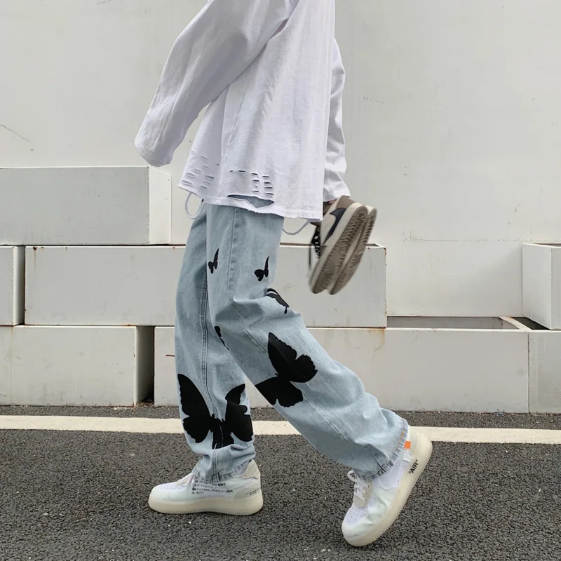 Butterfly Print High Waist Straight Washed Light Blue Denim Pants Jeans for Women Stylish