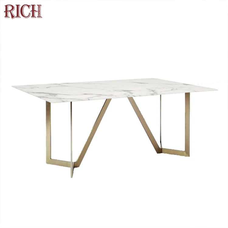 Modern Luxury Rectangular White Faux Marble Top Metal Dining Table Home Villa Apartment Kitchen Room Hotel Office Restaurant Use