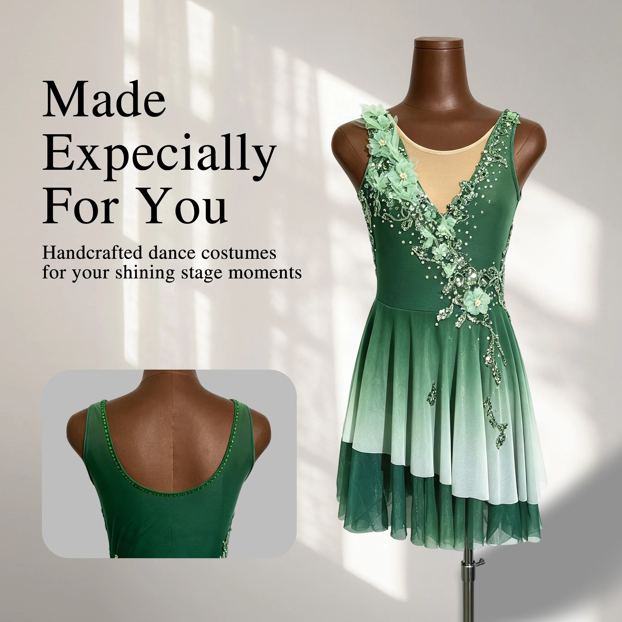green lyrical dance dress Figure Skating Rhinestone Mesh Spandex Competition Costume V Neck Performance Adults Women CATEGORY::Midi Maxi