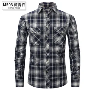 Men's Slim-Fit Flannel Plaid Shirt for Spring/Summer Twill Fabric Double Pocket Long-Sleeved Casual Anti-Wrinkle