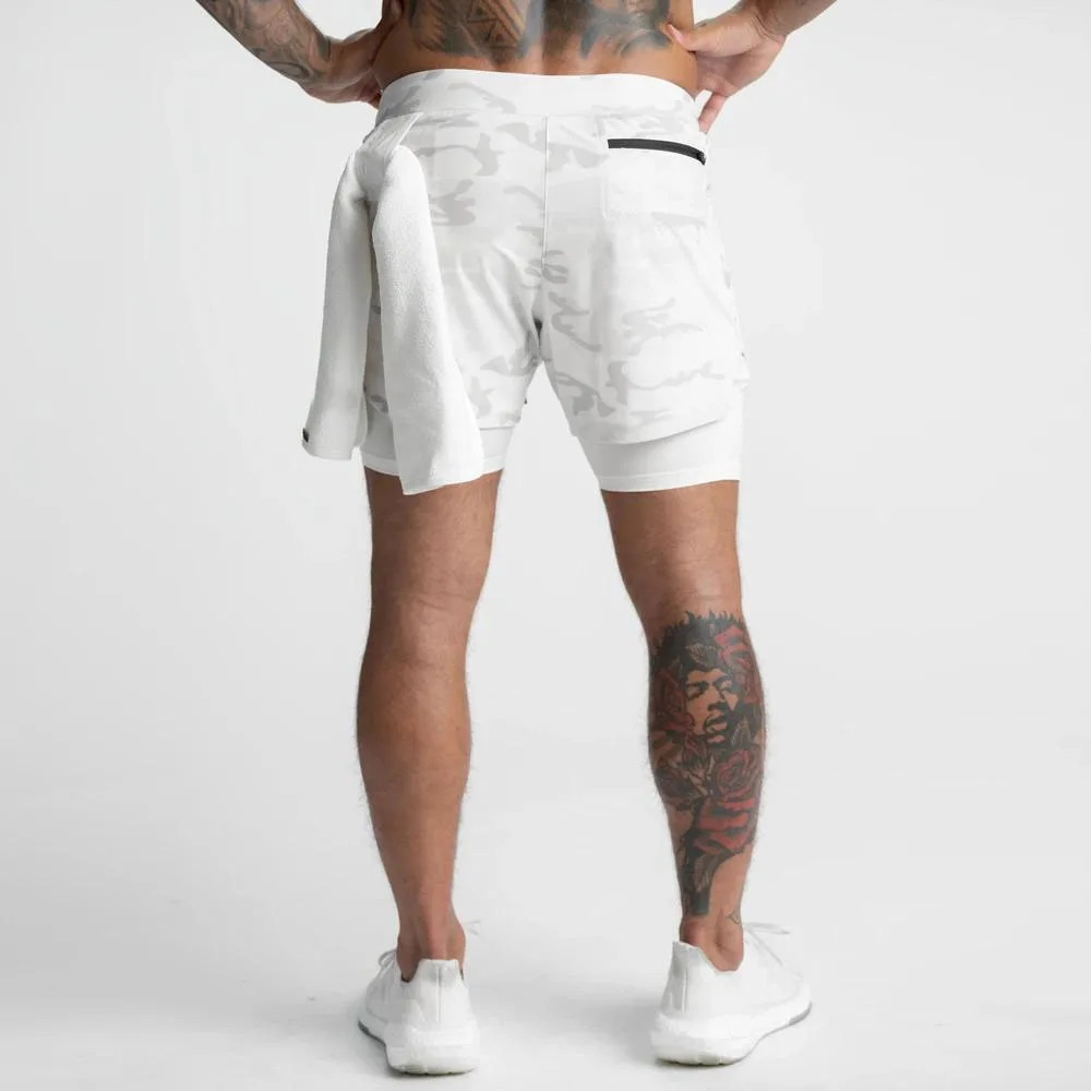 Высокопроизводительная Мужская спортивная одежда с логотипом на заказ, одежда для спортзала, горячие брюки два в одном, шорты с подкладкой, эластичные камуфляжные шорты для спортзала
