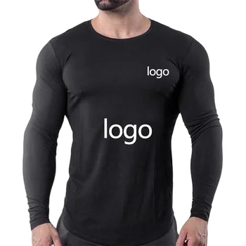 Athletic Wear Long Sleeve Men Plain Extra Long Curved Hem Muscle Fit Workout Gym T Shirts Custom LOGO