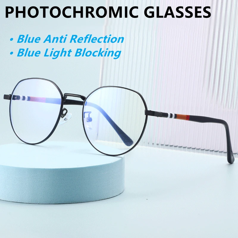 Lentille photochromique coupe bleue acetato ronde métallique lunette  photogray anti-reflet anti uv400 optique bluelight lunettes d'ordinateur