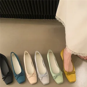 QuiteS 2026 Women's Summer Casual Shoes New Style Square-Toe Ballet Height-Increasing Satin Evening Breeze Bow Sandals