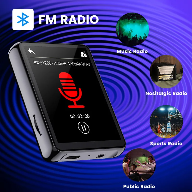 2.4 Inch High-Clear Full-Touch Screen MP3 Player/BT Speaker Stereo Lossless Sound Radio Recorder for Android Dashboard