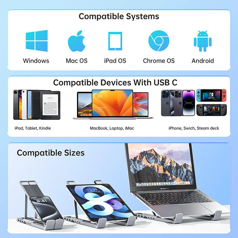 Chinese factory supplier supply  Portable Laptop Stand 8 Ports Usb C Hub Hd 4k Usb3.0 Multifunction 8 In 1 Laptop Notebook Holder Riser Stand - Buy 8 In 1 Usb C Hub 4k Hdtv Usb 3.0 Sd/tf Card Reader 3.5mm Audio Jack And Gigabit Ethernet Port Type-c Docking Station usb C Hub Docking Station Aluminum Laptop Stand new Multifunction Type-c To Hd-mi Vga 9-in-1 Docking Station Usb C Hub With Base Mobile Phone Smart Adapter Wireless Charger