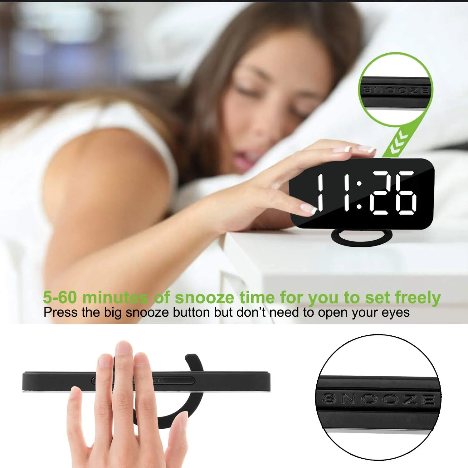Digital Clock Large LED Display Alarm Clocks Mirror Surface for Makeup with Diming Mode 2 USB Charger Ports Snooze Function