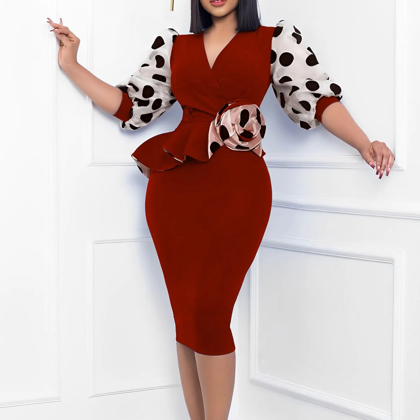 black long sleeve bodycon dress midi Plus Size Criss Cross Bandage Lantern Sleeve Bodycon Midi Dress main image 0