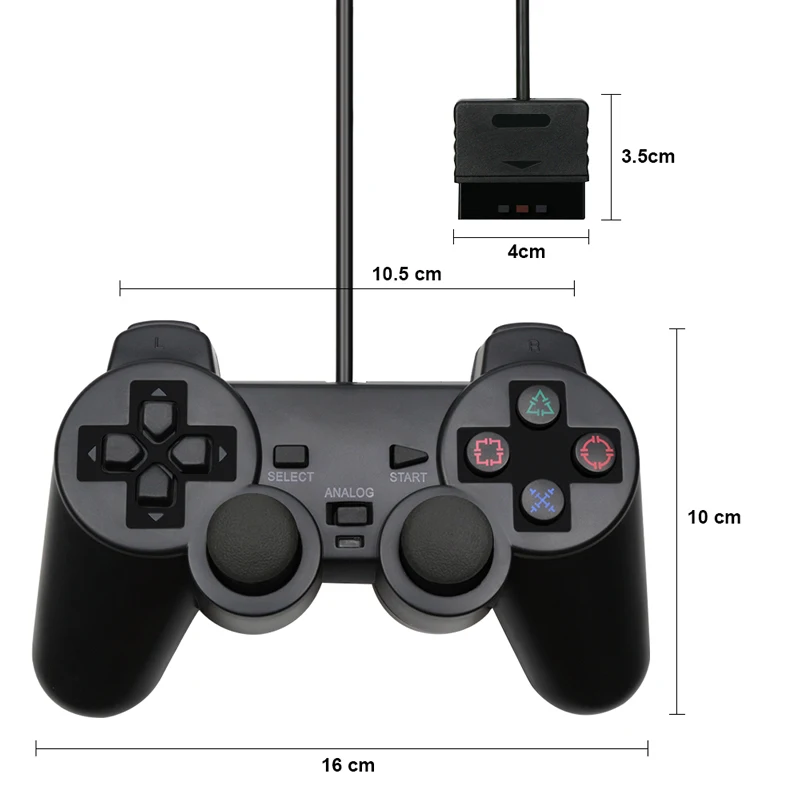Black Wired Controller for PS2 Dual Vibration Joystick Gamepad
