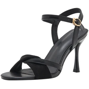 Chic Women's Black Satin Square Toe Comfortable Summer Slip-On Stiletto Heel Sandals with Knot Detail & Gold Buckle