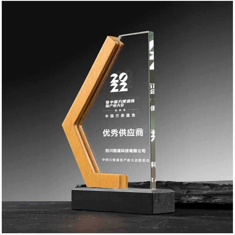 shining crystal craft custom design business k9 crystal glass trophy wood award for employee recognition with gift box-41