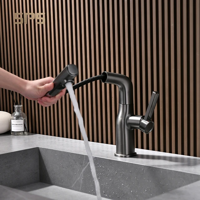 A8141 Luxury Matte Black Pull Down Faucet Single Handle Brass Lavatory Bathroom Water Saving Pull Out Basin Faucet For Bathroom