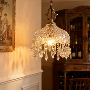 JACKSUN French Modern Brass Color Crystal Pendant Light Luxury Entryway Corridor Lighting European Minimalist Bedside Lamp