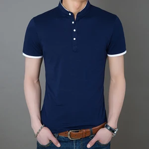 Men's Pure Cotton Short Sleeve T-Shirt with Stand Collar and 4 Buttons, Casual Business Polo Top
