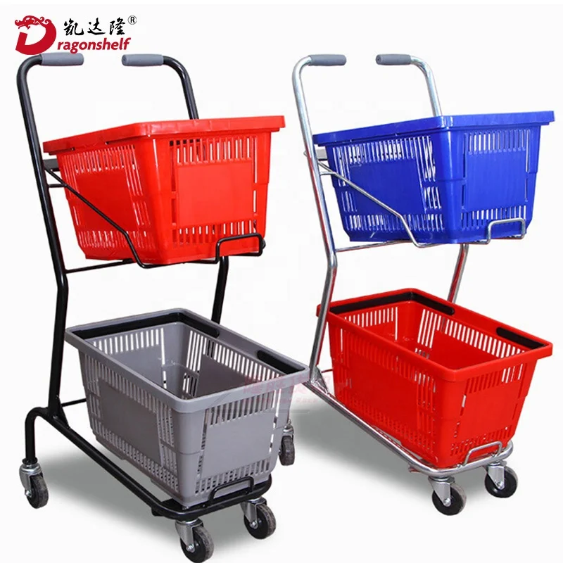 Dragonshelf 45L Plastic Personal 2-tier Double Basket Shopping Cart Shopping Trolley Cart for superm