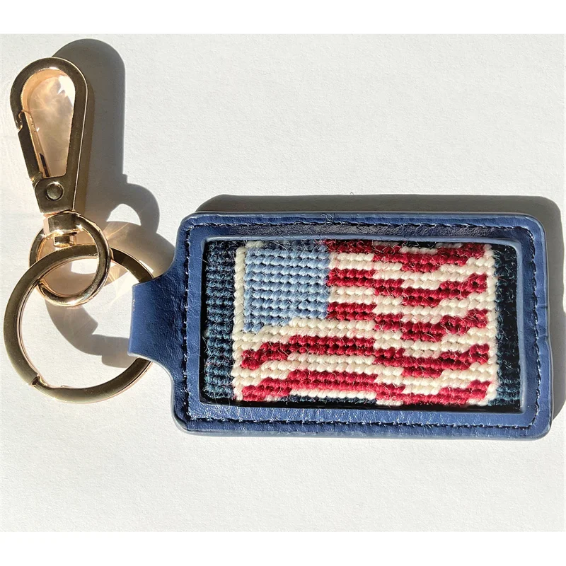 SNK006 Custom Design Key Chain Genuine Leather Key Holder with American Flag Stitch & Needlepoint Fashionable Handcraft Key Fob