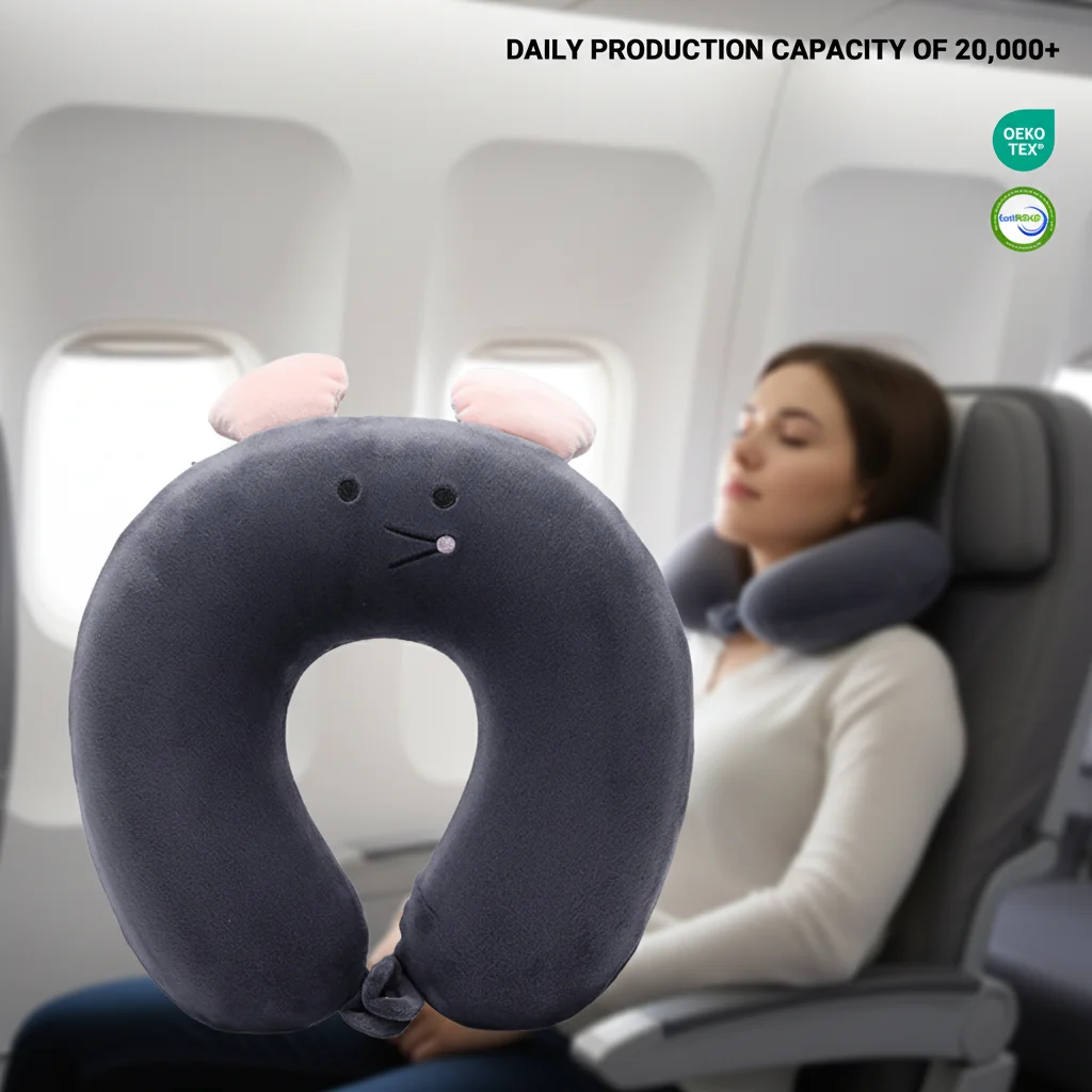 Bantal Leher untuk Perjalanan, Logo Bantal Leher dan Bahu, Bebas Tungau Debu, Bordir Hewan Khusus, Cocok untuk Perjalanan dengan Pesawat dan Kereta Api