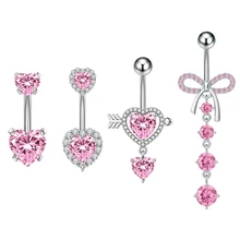 4Pcs/Set Stainless Steel Peach Heart Bow Pink Zircon Inlay Women Sexy Navel Ring Piercing Belly Button Rings Body Jewelry