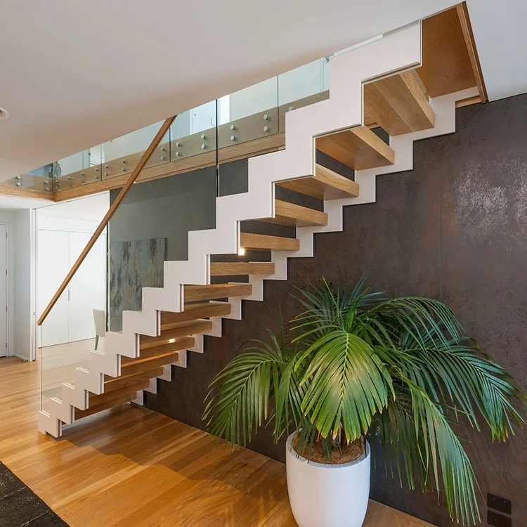 Zig Zag Stringer Wood Step Staircase With White Stair for Building Project