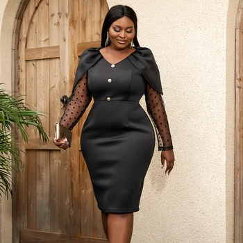 AM220934 Long Sleeve Buttons Patchwork Polka Dot Plus Size Prom Dresses Women