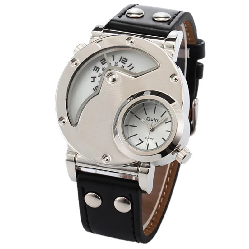 Brand New OULM 9591 Mens 5cm Big Face Fashion Watches Nouveau Montre Homme  De Marque Dual Time Leather Band Casual Quartz Watch