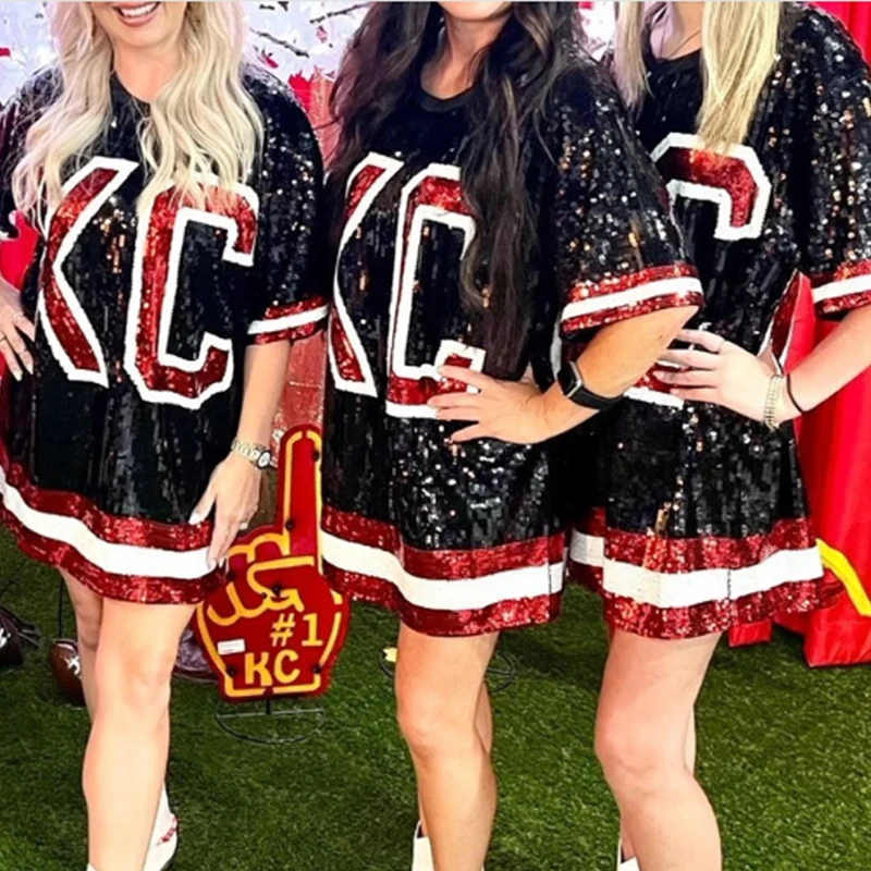 Game Day Chiefs Sequins Mini Dress - KC Football Sequin Tunic for Women,  Casual Apparel for Kansas City Chiefs Merchandise
