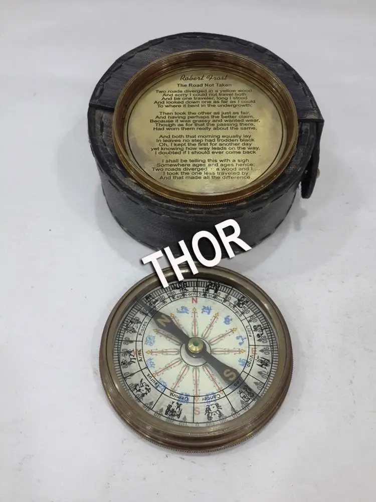 Antique 3-Inch Brass Compass with Black-Leather Box 1917 Nautical Marine Directional Pocket Compass w/Lid