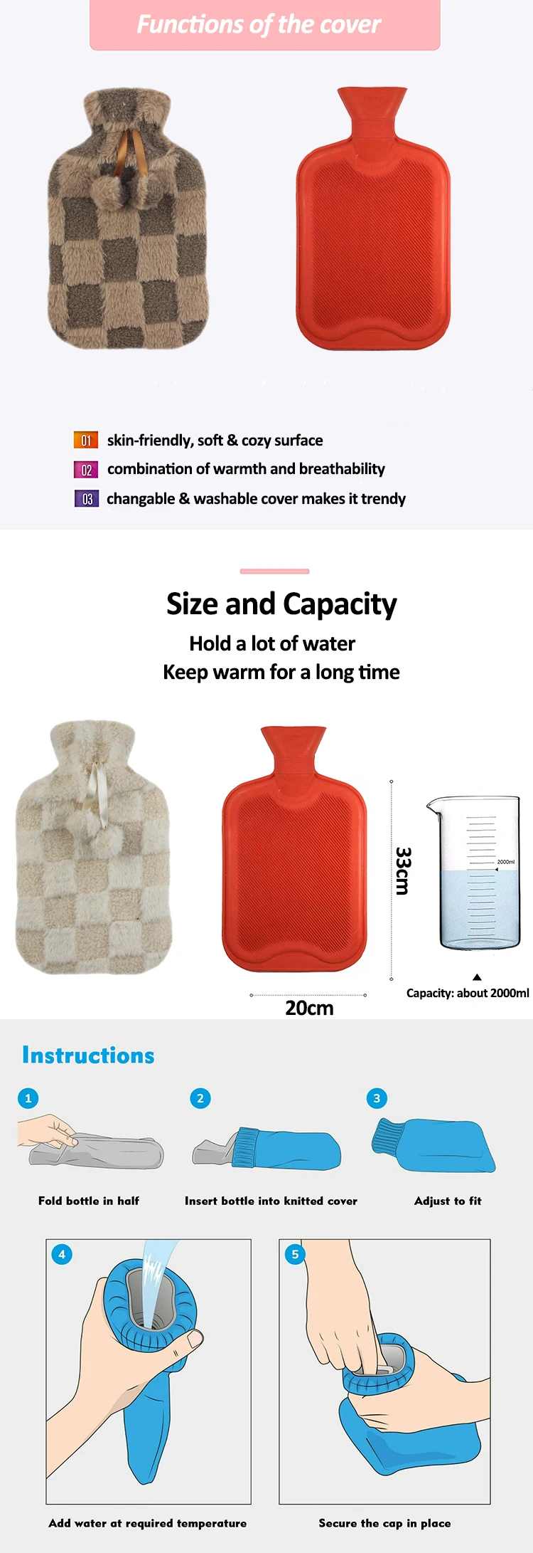 plush cover with warm hot water bottle natural rubber hot water bag chinese supply pain relief for sample