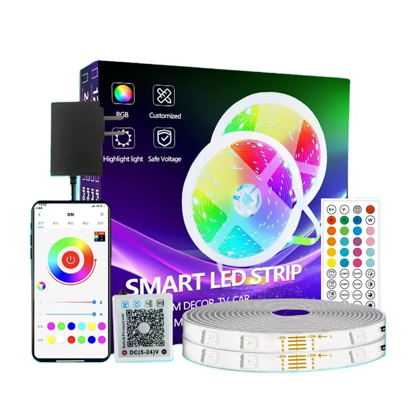 DC24V RGB Music Sync LED Strip Lights Color-Changing App Remote Control for Bedroom Home Party Decoration with  Power Supply