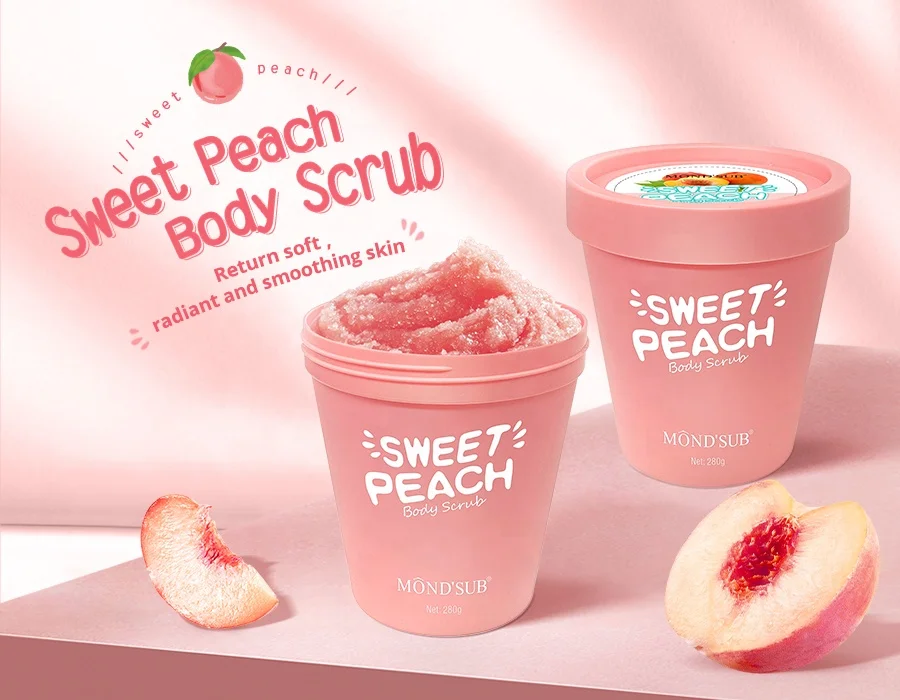 Органическое Отбеливающее средство для ухода за кожей с логотипом, персиковый прозрачный фрукт, оптовая продажа, индивидуальная этикетка, натуральная соль, скраб для тела