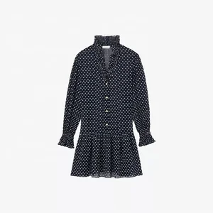 Clothing Manufacturer Custom Spring Summer Black V Neck Polka Dot Long Sleeve Elegant Casual Women Mini Dress
