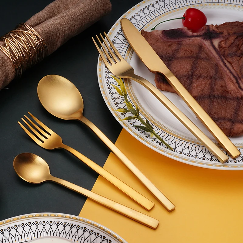 Top Sellers Besteck Gold Silverware Thick And Square Handle Spoon And