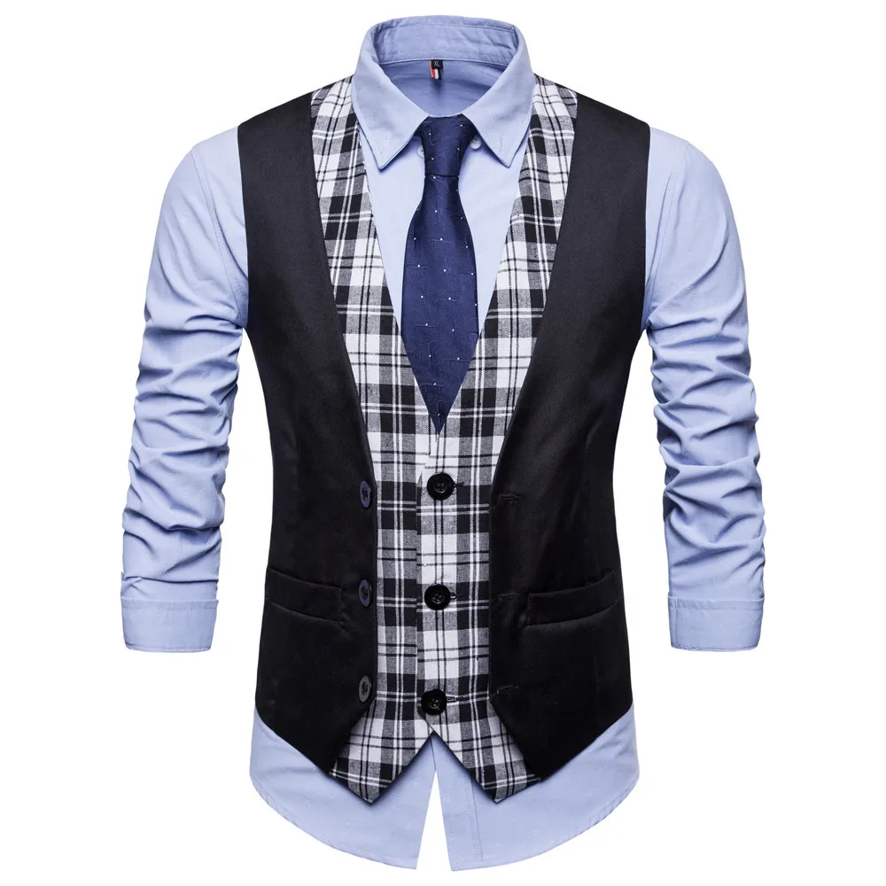 KDHJJOLY New Mens Chic Plaid Stylish Faux Two Pieces Slim Fit Suit Vest