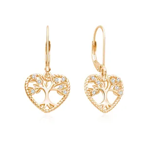 925 Sterling Silver Heart-Shaped Tree Drop Earrings with 18k Gold Plating Trendy Leaf Design Featuring Zircon Stone for Parties