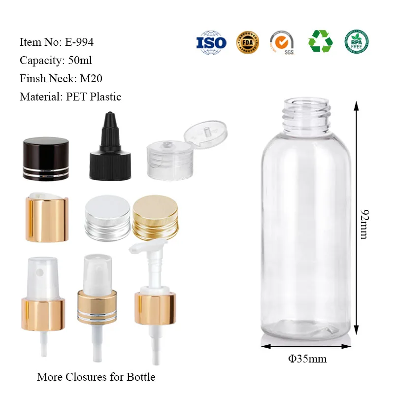 Small 50ml Clear PET Plastic Plastic Slim Cosmo Bottle with Cap for Cosmetic Lotion Body Oil Cream