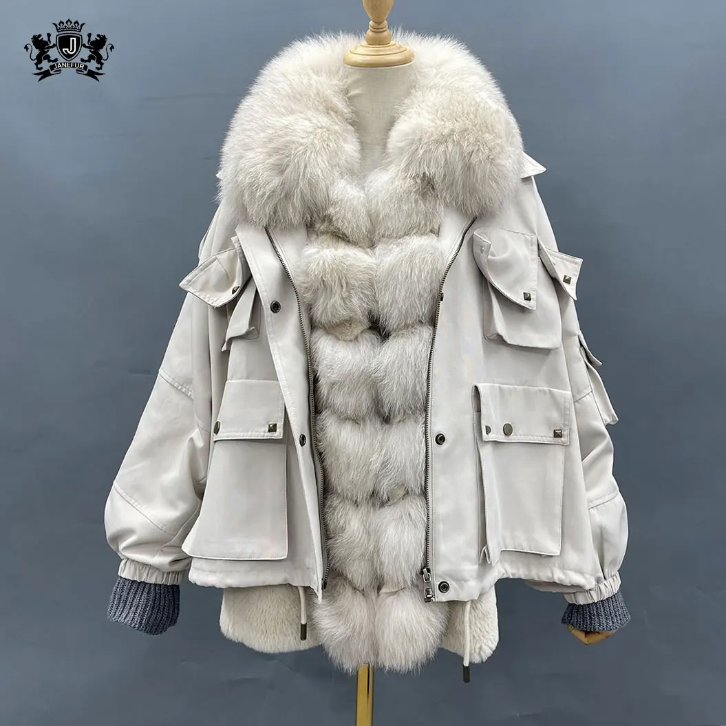 Janefur Women's Winter Reversible Coat - Real Rabbit & Natural Fox