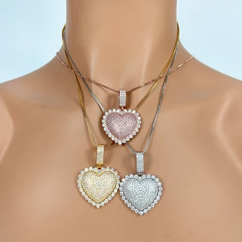 Heart Pendant set iced out Gold white gold zircon Cute heart pendant heart tennis chain hip hop women jewelry set