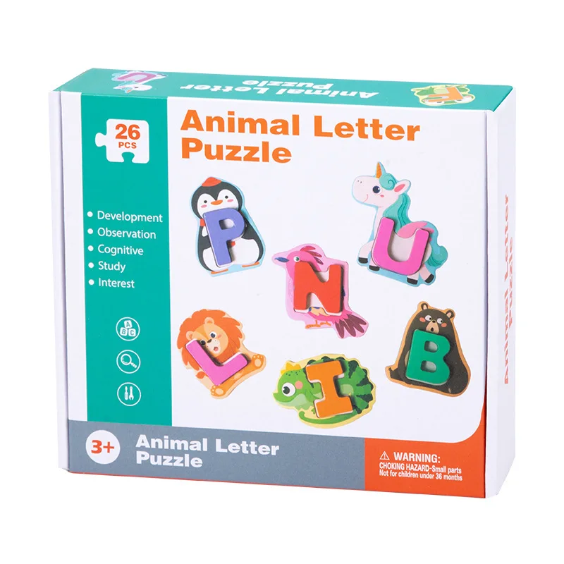 ABC 26 قطعة من مكعبات الألغاز الخشبية المتطابقة مع الحروف والحيوانات ألعاب التعليم المبكر للأطفال من عمر 2 إلى 4 سنوات
