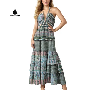 Women Printed Halter Maxi Dress Cutout Tiered Ruffled Dress Vintage Bohemian Lightweight Casual Parties Weekend Dress