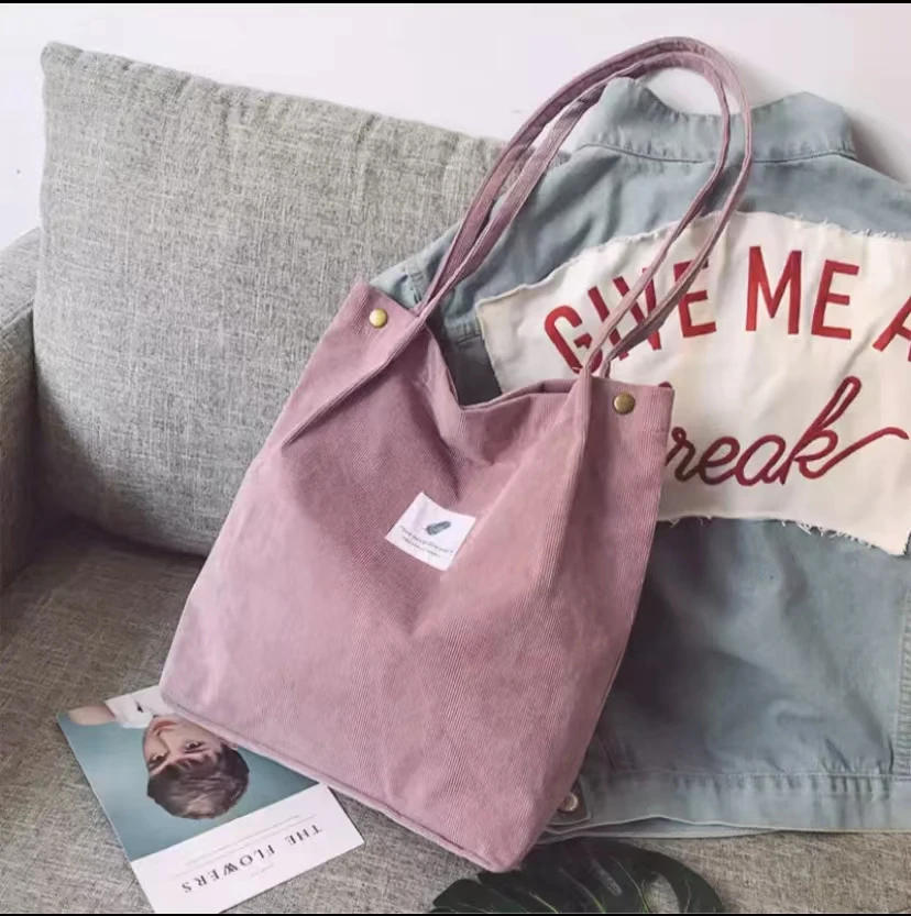 Women Bag Corduroy Shoulder Bags Reusable Cotton Cloth Handbags School Shopping Large Grocery Organizer Shopper Tote Pack details