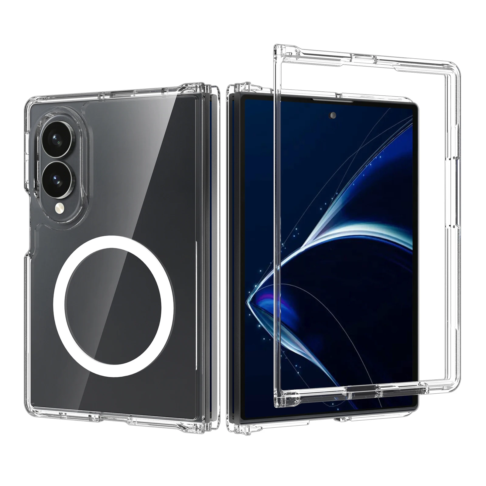 Transparent TPU+PC Phone Case for Samsung Fold 8 with Magnetic Ring Wireless Charge for iPhone Mirror Finish Shockproof Design