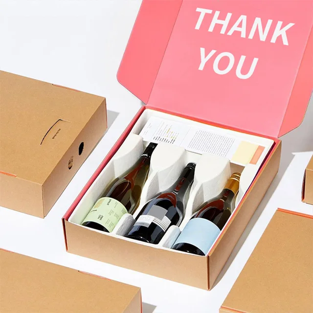 Recyclable Custom Logo Wine Bottle Insert Kraft Corrugated Paper Mailer Cardboard Courier Shipping Boxes Gift Packaging Box