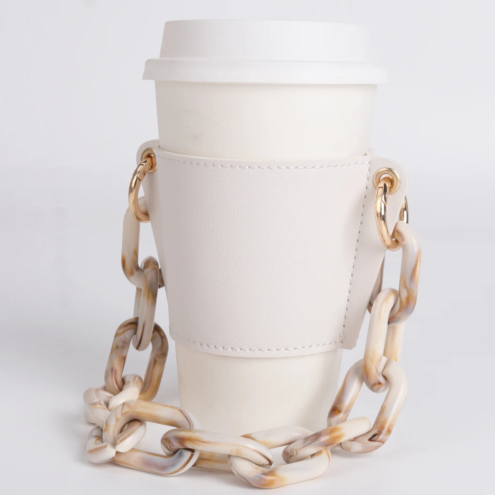 LEATHER Reusable Cupholder & Chain Handmade Coffee Cup 