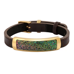 Fashion Jewellery Men Charm Genuine Brown Leather Bracelet Rainbow Cable Stainless Steel Jewelry