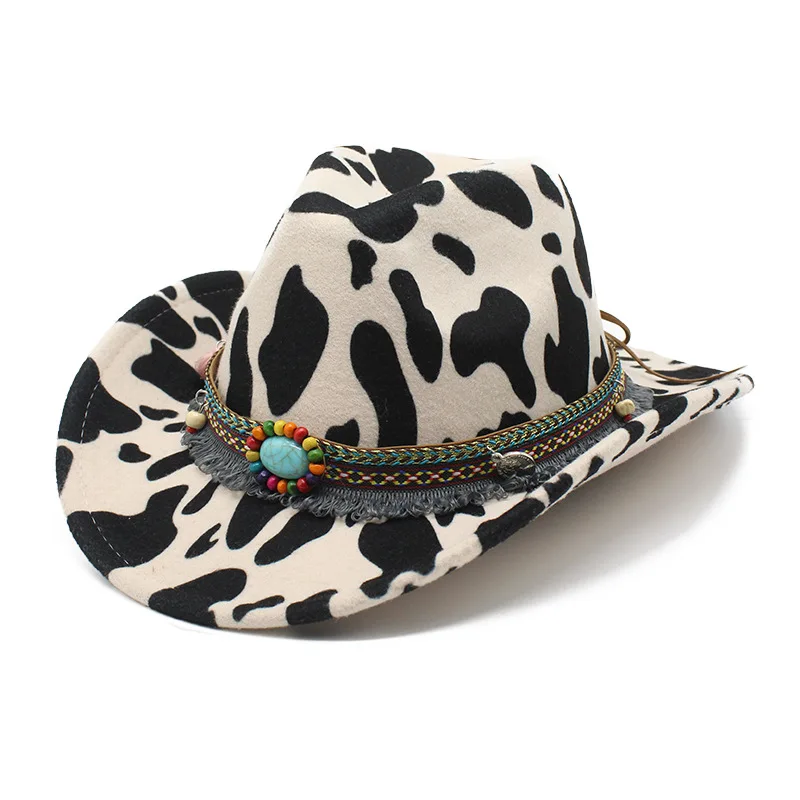 2024 Wholesale Cow Print Turquoise Fringe Brim Cowgirl Hats Women Party  Party Fedora Cowboy Hats