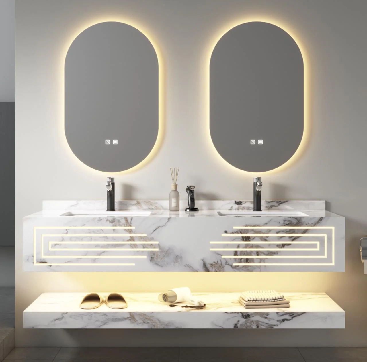 Factory Customized 150cm Countertop Double Sink Rock Broad Slate Wash Basin Sinks Bathroom Cabinet Vanities