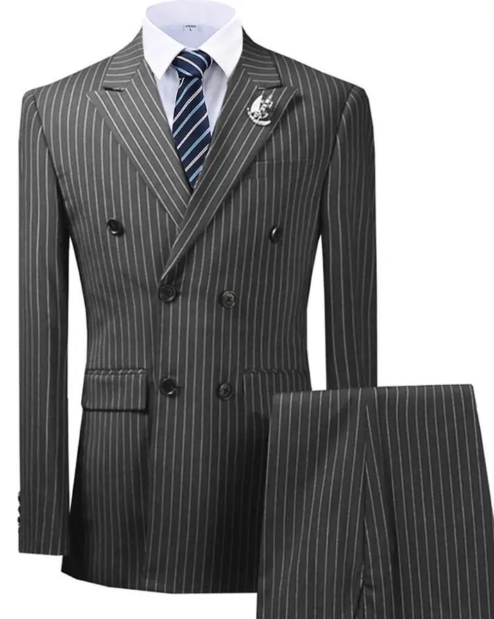 Double Brested Striped 2 Piece Men Suits Formal Wedding Groom Tuxedo Blazer Pant 