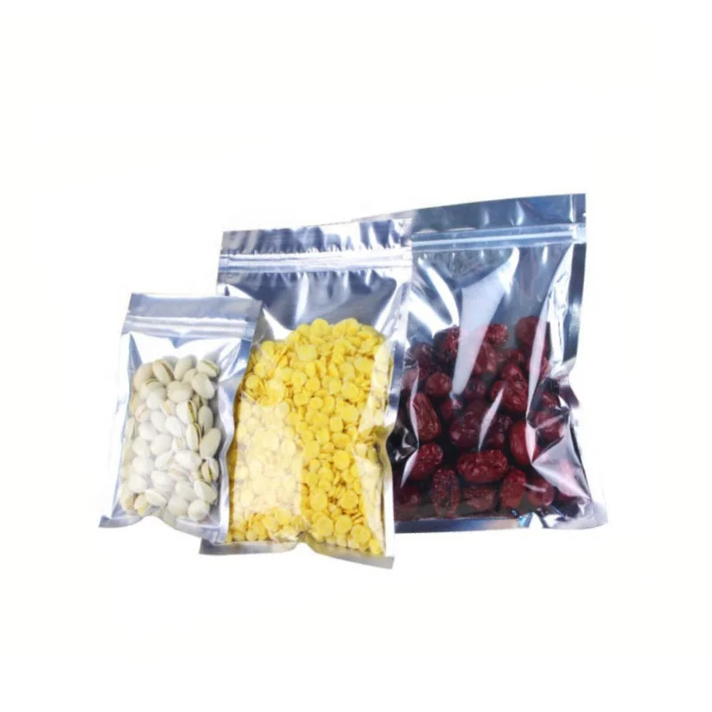In Stock and Custom Front Clear Silver Aluminum Foil Metallic Flat Resealable Zip Lock Bag for Food Packaging