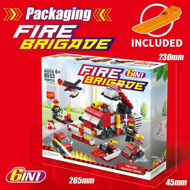 NEW 6-In-1 Fire Brigade Set Mini Block Fire Truck Cart Helicopter Pilot Station Model Toys Building Block Set Toys for Children